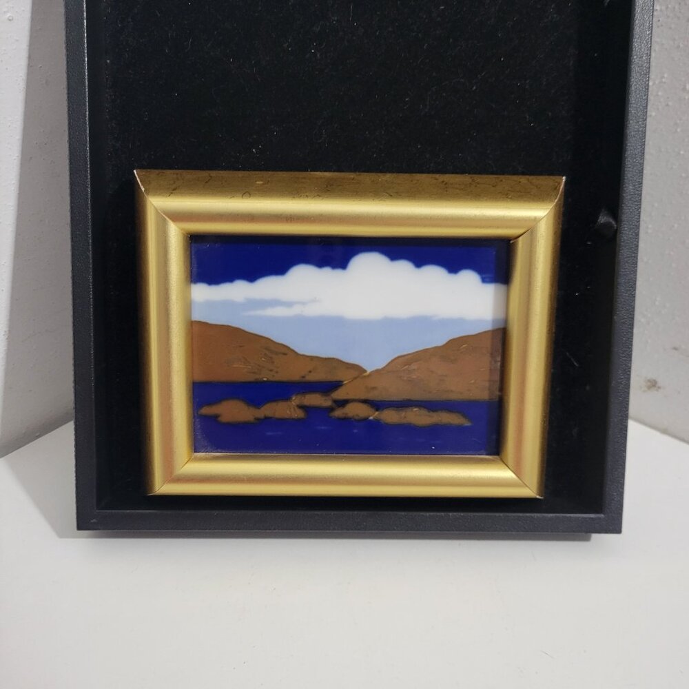 Vintage Porsgrund of Norway Art Pottery Fjord On Ceramic Tile Framed-Signed